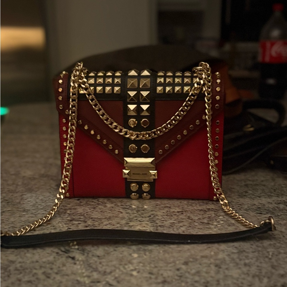 Michael Kors Whitney Bag, Studded on Red and Black leather, Chain Shoulder Bag
